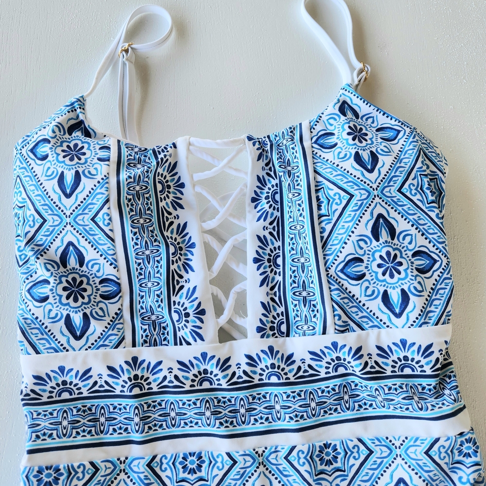 La Blanca Blue & White Tile-Print One-Piece Swim Suit with Lace-Up Front - Picture 7 of 9